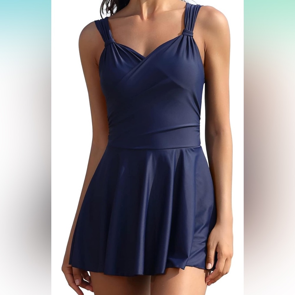 SHEKINI Crossover Ruched Skirt One Piece Blue Swimdress Large NWT
